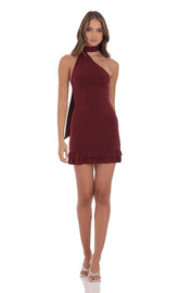 Scarf Halter Ruffle Dress in Burgundy